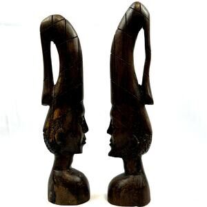 Set of 2 African bust Hand Carved man woman detailed Vintage beard 8.5? tall
